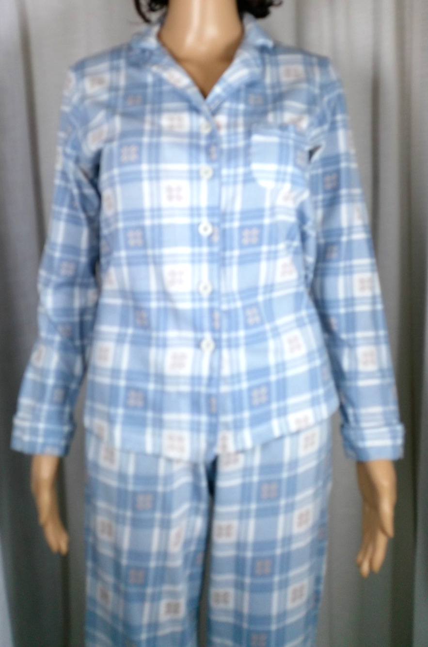 Poppy Clay Organic Cotton Pajama Set Blue Plaid Button Front Lounge Cottagecore